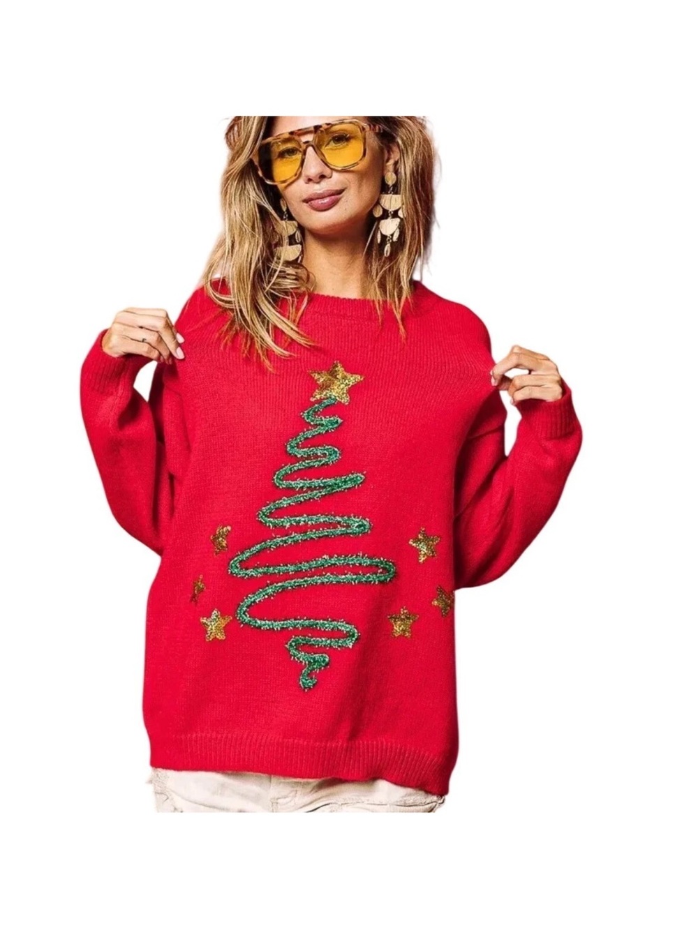 BiBi Sequin Star Tinsel Christmas Tree Sweater Red Womens Medium Holiday Knit